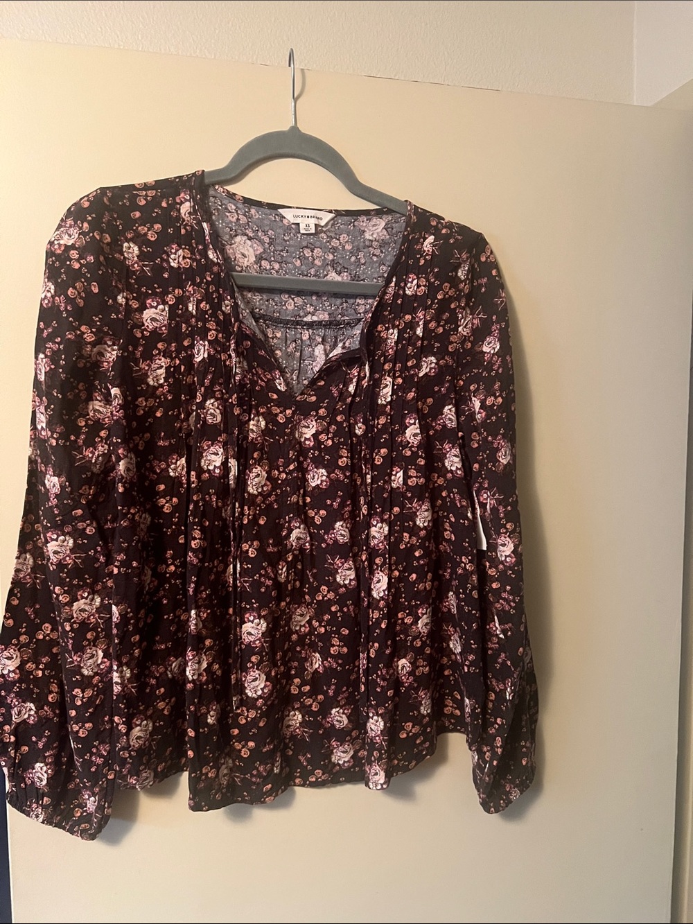 Lucky Brand Black Floral Peasant Top with Pink Flowers XS bnwts retails $90